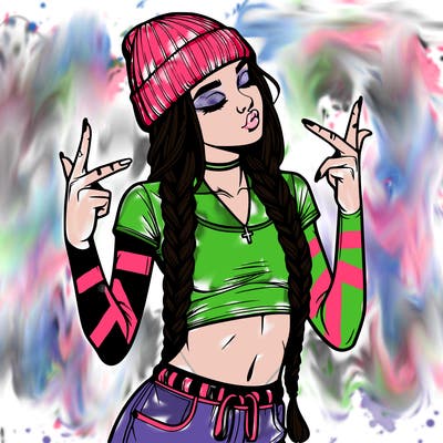 realistic teenage girl with braids and a beanie and crop top doing 🫶🏼