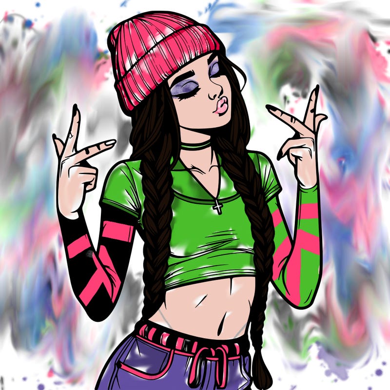 realistic teenage girl with braids and a beanie and crop top doing 🫶🏼