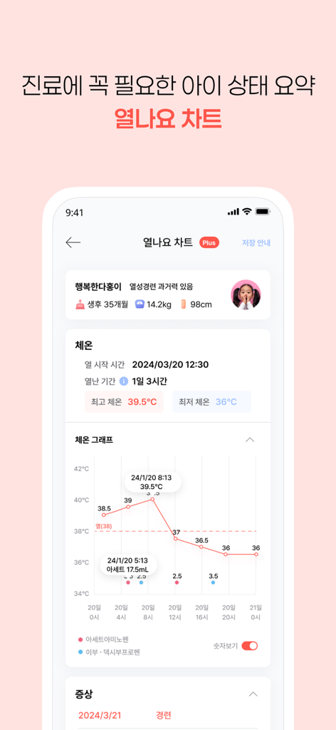 열나요 - 아이를 위한 열・해열제 관리 - A mobile app interface displaying a child's fever temperature graph and medication intake logs.