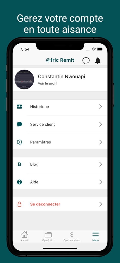 @fric Remit (ex BJFT Wallet) - Afric Remit app interface showing the user account menu with options for history and settings