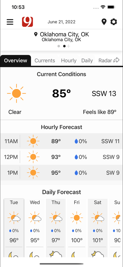 News 9 Weather app overview screen showing current conditions and forecast for Oklahoma City