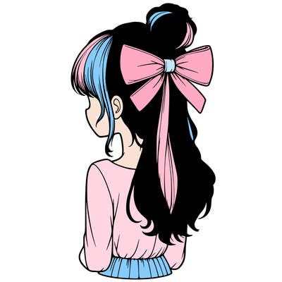 realistic girl  with hip length hair a bun and a big bow on the back of head