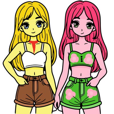 two sisters with crop tops and jean shorts and straight hair