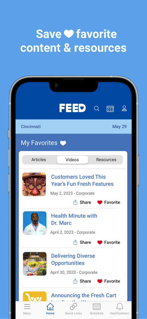 FEED Mobile - A mobile screenshot of the FEED Mobile app showing the My Favorites section where employees can save and access company articles, videos, and resources.