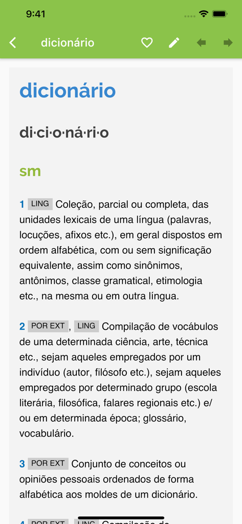 Dicionário Michaelis Português - Screenshot of the Michaelis Portuguese dictionary app showing the detailed definition and syllable division for the word dicionário.