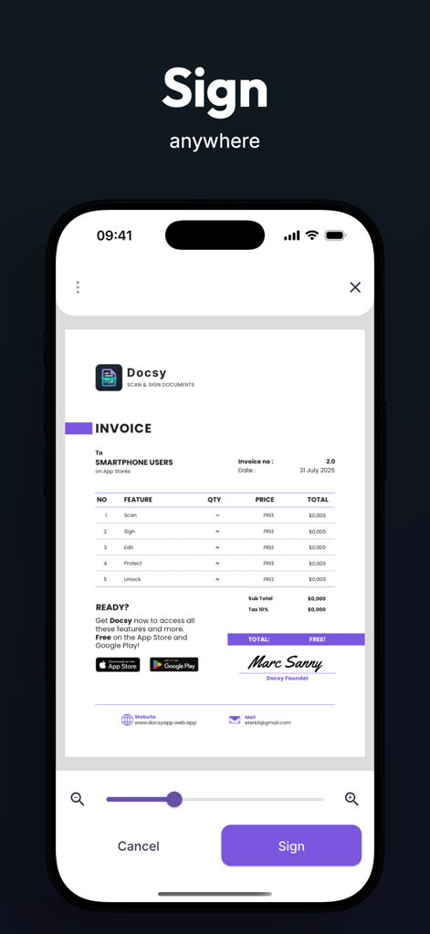 Docsy - Scan & Sign Documents - Interface of the Docsy mobile app showing a digital signature being applied to an invoice document.