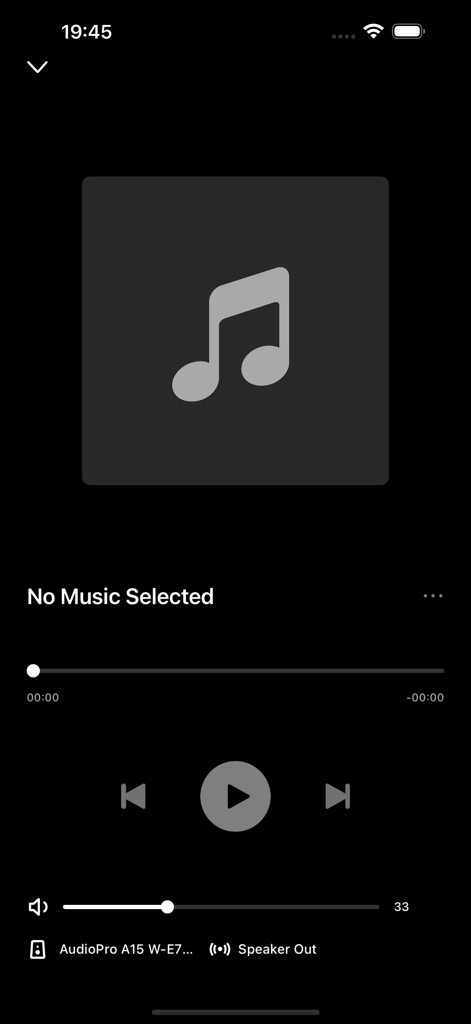 audio pro W - Interfaz de la aplicación Audio Pro W que muestra los controles de reproducción y el estado de la conexión del altavoz