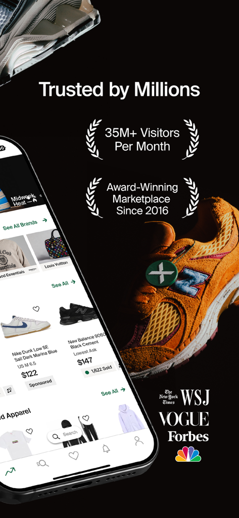 StockX - Sneakers and Apparel - StockX app interface featuring millions of visitors and trust badges from Vogue and Forbes