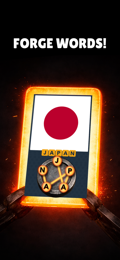 Juego de Word Forge que muestra la bandera de Japón como pista visual para deletrear la palabra Japón usando una rueda de letras