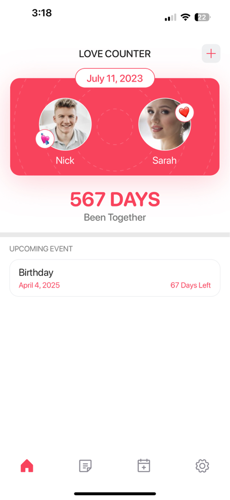 My Love - Dating Tracker - Relationship dashboard showing 567 days together for Nick and Sarah with an upcoming birthday reminder.