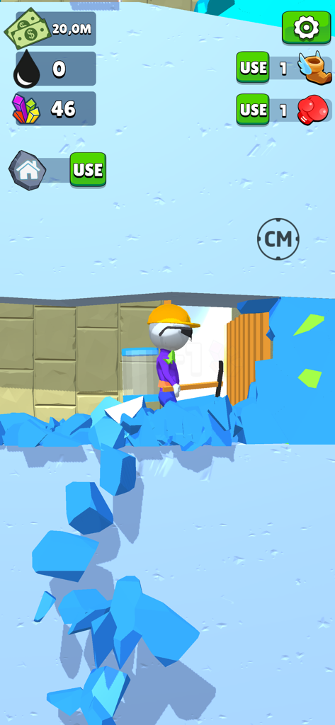 Oilman! - Un personaje con casco amarillo minando bloques de hielo azul en el juego móvil Oilman