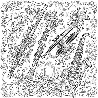 Celebrate the beautiful union of music and love with this exquisitely detailed coloring page, showcasing elegant wind instruments amidst a romantic wedding celebration. It's a perfect blend of intricate patterns and harmonious elements, designed to provide a rich and engaging coloring experience.