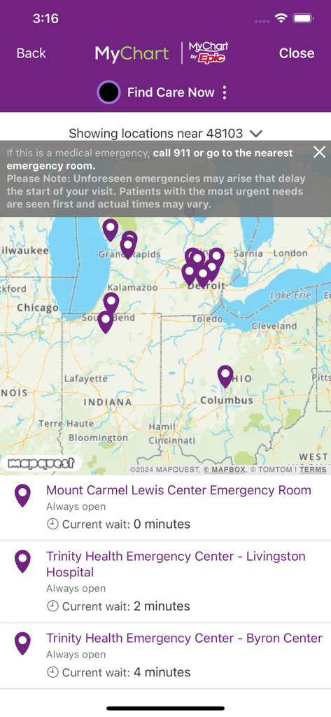 A map within the Trinity Health MyChart app displaying medical facility locations and current emergency room wait times