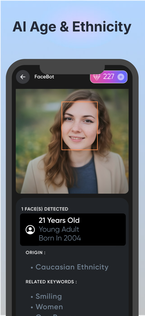 FaceBot-How old do i look ? - Interfaz de la aplicación FaceBot que muestra análisis facial con IA de edad y etnia en el retrato de una mujer