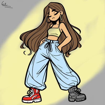 girl in baggy pants crop top and long hair