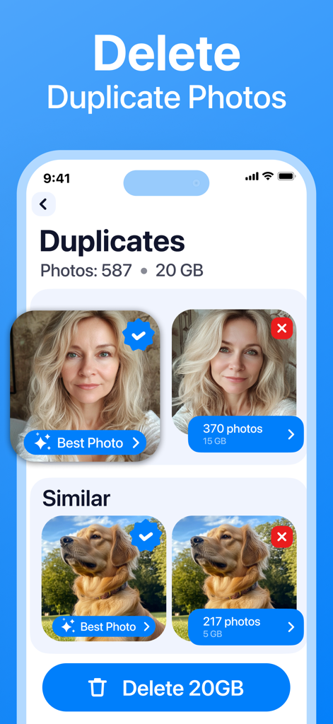 Interfaz de la aplicación Cleanup mostrando cómo identificar y eliminar fotos duplicadas para liberar espacio de almacenamiento.