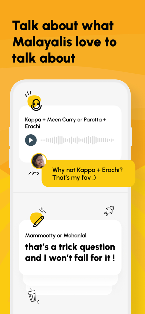 Interface of Arike dating app showing cultural conversation starters about Malayali food and cinema