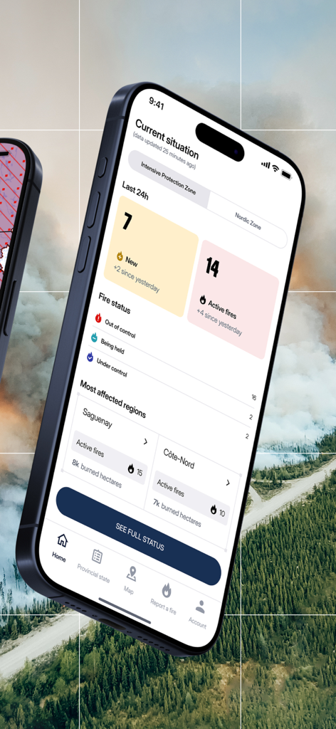 Mobile screen of the La SOPFEU app showing statistics on active forest fires and most affected regions in Quebec.