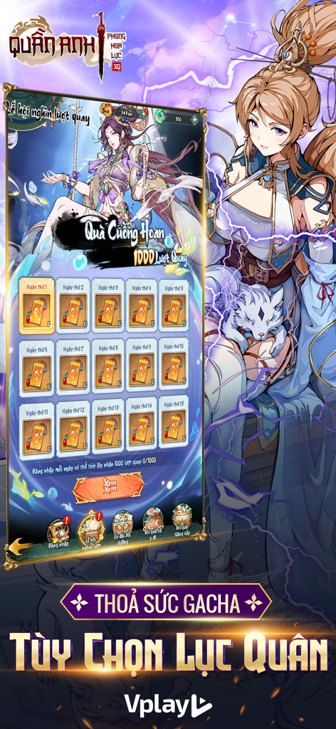 Quần Anh Phong Hoa Lục - Vplay - Screenshot of Quần Anh Phong Hoa Lục mobile game featuring a 1000 spins gacha event reward screen and a stylized anime female character.