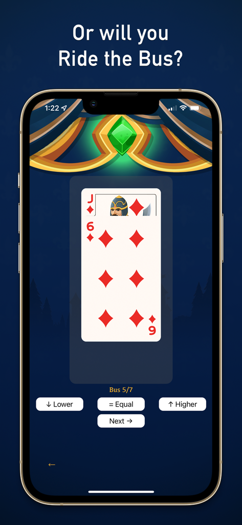 Ride The Bus - epic partygame - Mobile screen of Ride the Bus party game showing the card guessing round