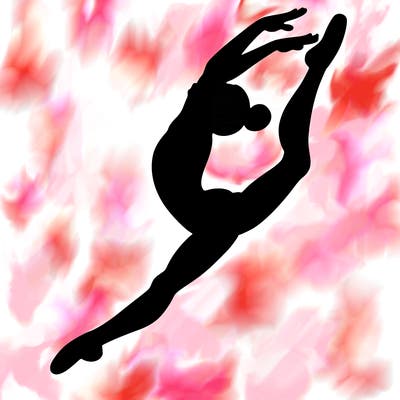 gymnast doing a leap in a leotard with a bent back leg