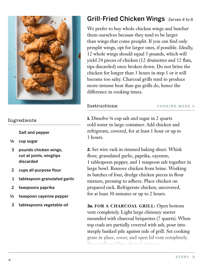 Cook's Country Magazine - A digital recipe page for grill-fried chicken wings on the Cook's Country Magazine app featuring a photo of golden chicken wings next to ingredients and instructions.