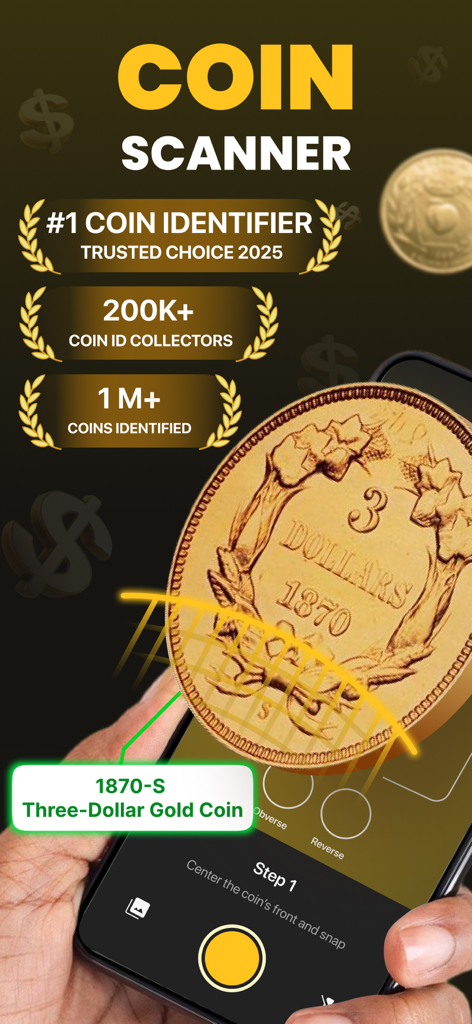 CoinSpot - Coin Value Scanner - Un smartphone escaneando e identificando una moneda de oro de tres dólares de 1870-S con la aplicación CoinSpot.