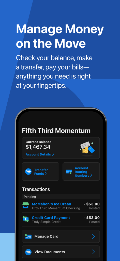 Fifth Third mobile banking app interface showing account balance and recent transactions