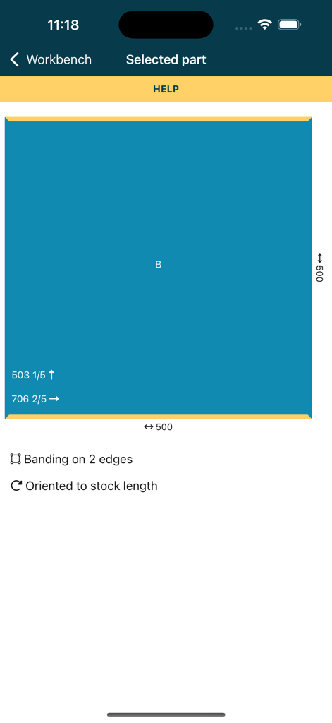 Cutlist Optimizer V2: SmartCut - Digital layout of a woodworking part showing dimensions and edge banding settings in the SmartCut app
