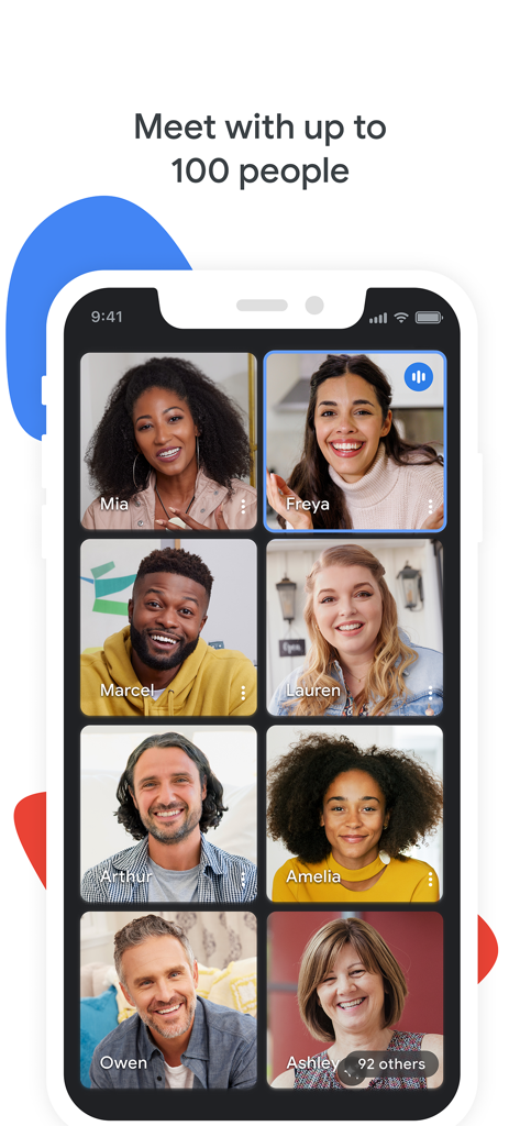 Google Meet mobile interface showing a grid of video call participants for a large group meeting.