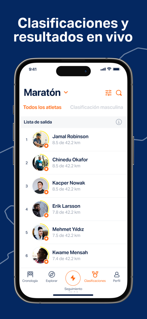 Marcate - Marcate app displaying live marathon rankings and participant race progress