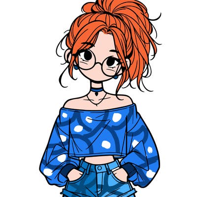 girl with a messy ponytail glasses a baggy crop top and jean shorts
