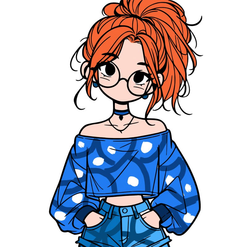 girl with a messy ponytail glasses a baggy crop top and jean shorts