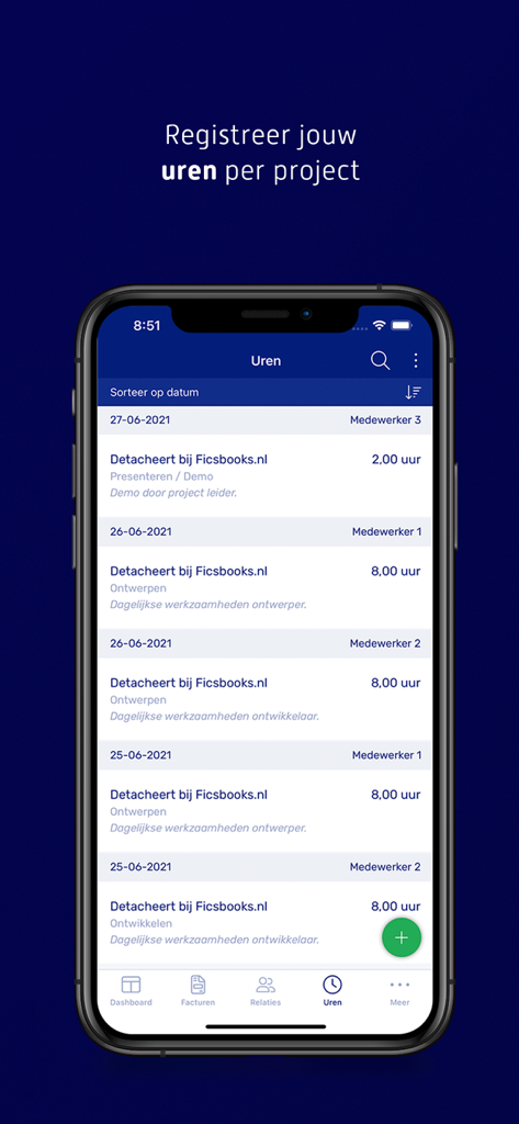 Pantalla de smartphone que muestra la interfaz de registro de horas de proyecto en la aplicación e-Boekhouden