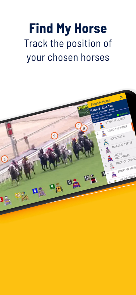 HKJC TV app screenshot showing the Find My Horse AI tracking feature on a live race