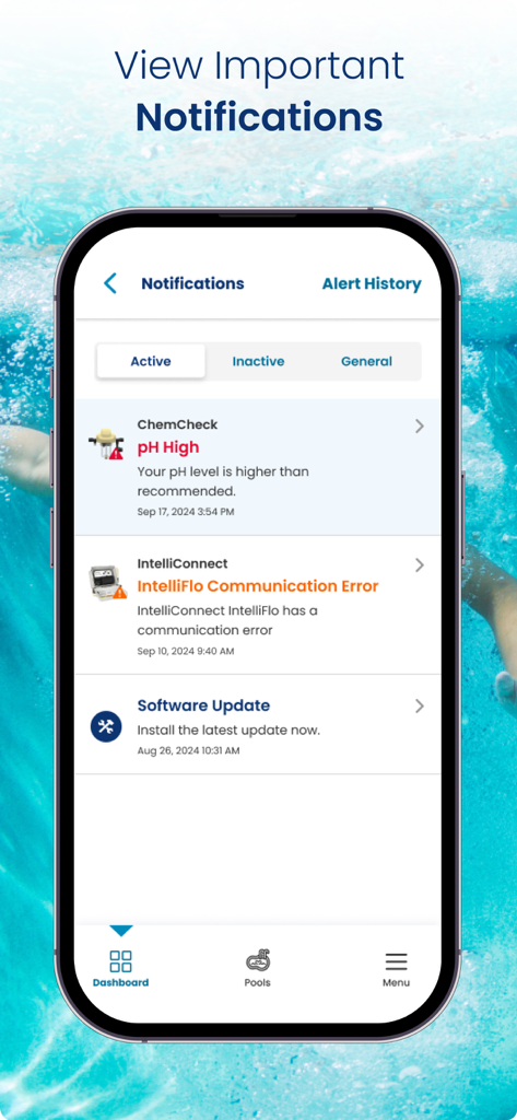 Pentair Pool - Pentair Pool app notification screen showing active alerts for pH balance and equipment errors