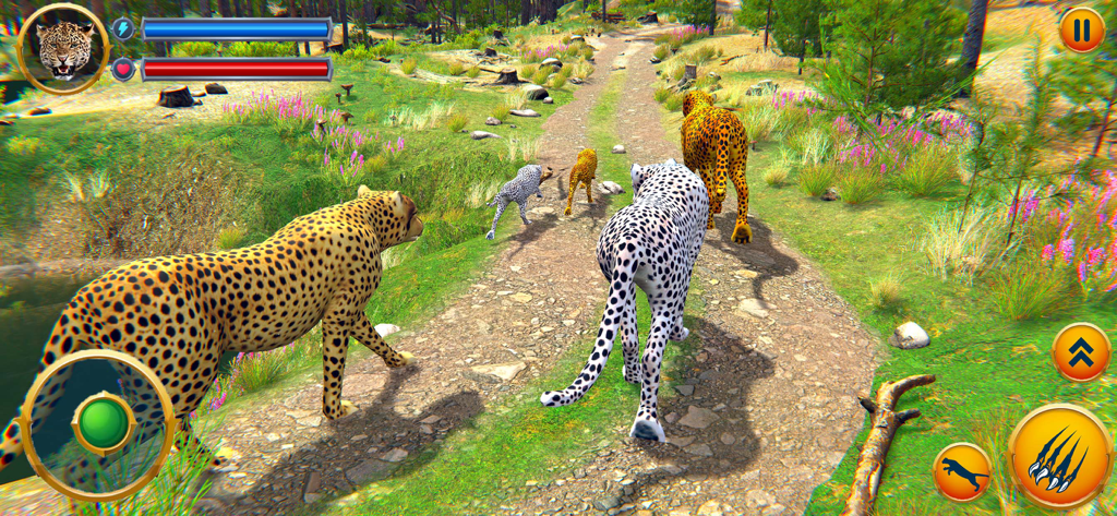 Wild Cheetah Family Simulator - A group of cheetahs walking on a forest trail in a 3D safari simulation game.