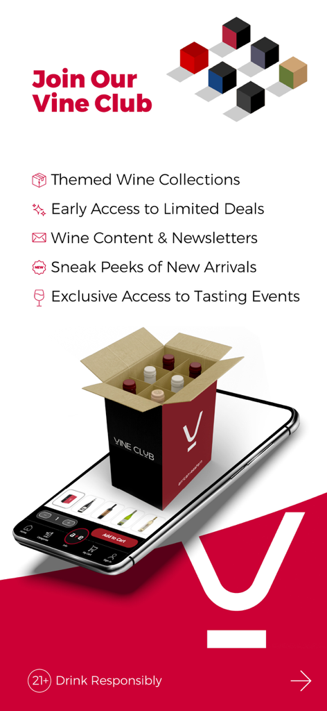 Promotion for the African and Eastern UAE Vine Club membership showing wine subscription benefits and a curated wine box on a smartphone screen