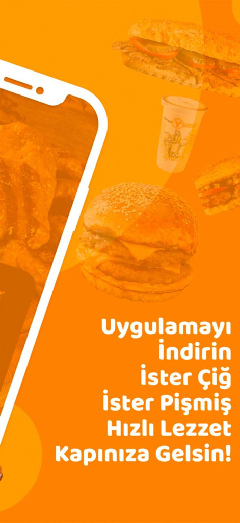 Köfteci Yusuf - Promotional screen of the Köfteci Yusuf mobile app showing a double burger and sandwich over an orange background.