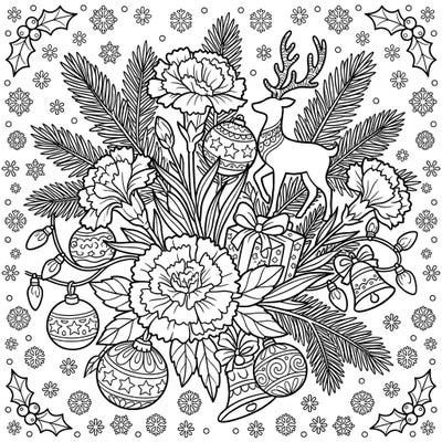 Unwrap the joy of the season with this unique Christmas coloring page, blending the timeless beauty of pink carnations with classic holiday cheer. Featuring a graceful reindeer amidst festive ornaments and pine branches, it offers a delightful challenge for colorists of all ages.