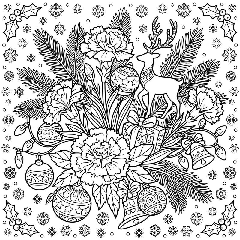 Unwrap the joy of the season with this unique Christmas coloring page, blending the timeless beauty of pink carnations with classic holiday cheer. Featuring a graceful reindeer amidst festive ornaments and pine branches, it offers a delightful challenge for colorists of all ages.
