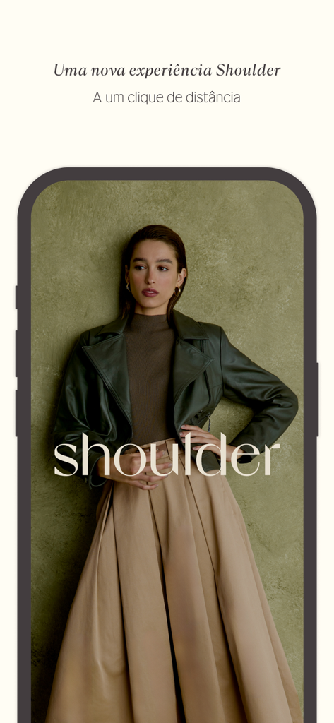 Shoulder - Shoulder fashion app splash screen featuring a woman in a leather jacket and long skirt