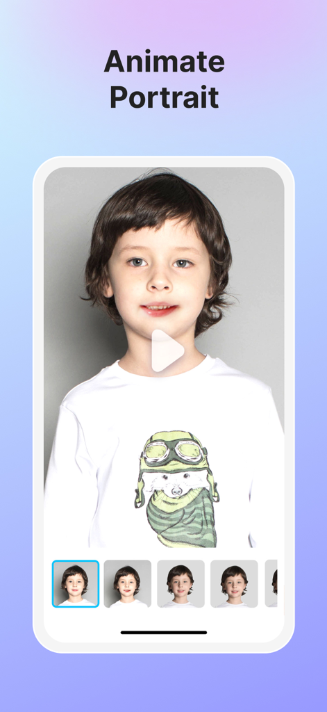 Vivid - AI Photo Enhancer - Interfaz de la aplicación Vivid AI mostrando la función de animación de retratos en la foto de un niño