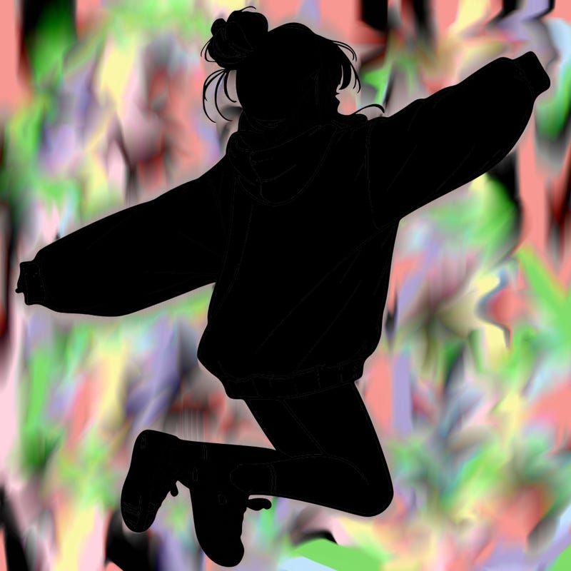 realistic girl jumping with a bun and oversized sweatshirt