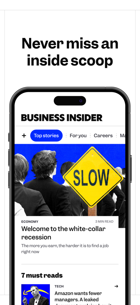 Interfaccia dell'app mobile di Business Insider che mostra le notizie principali e un articolo intitolato Benvenuti nella recessione dei colletti bianchi.