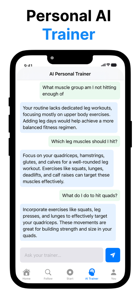 Spartan Gym Social Workout Log - Chat interface of the Spartan Gym app featuring an AI Personal Trainer providing customized leg workout advice and exercise recommendations.
