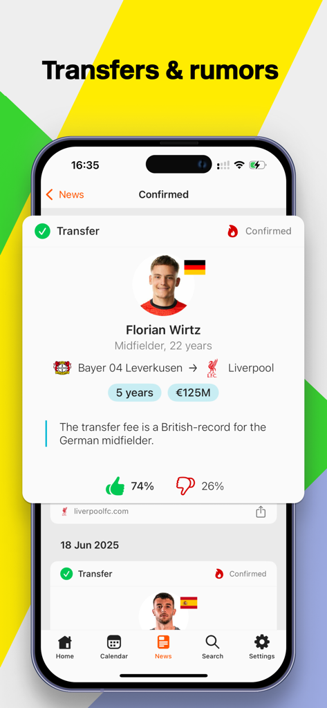 Forza Football app interface showing confirmed soccer transfer details for Florian Wirtz including transfer fee and duration