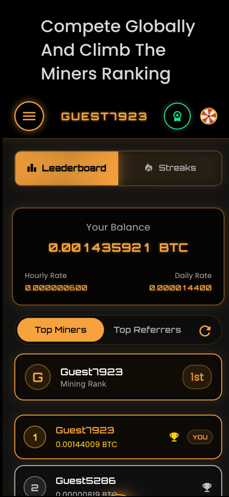 Bitcoin Mining · Crypto Mining - 비트코인 채굴 앱에서 채굴자 순위와 BTC 잔액을 보여주는 글로벌 리더보드.