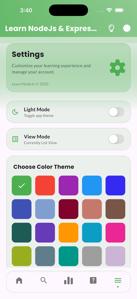 Learn NodeJs & ExpressJs - Tela de configurações do aplicativo Learn NodeJs e ExpressJs com opção de alternância de modo claro e grade de seleção de tema de cores.