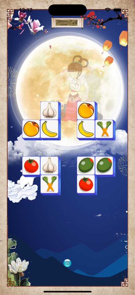 Crystal Link - Fruit tile matching gameplay in Crystal Link with a moon goddess background.